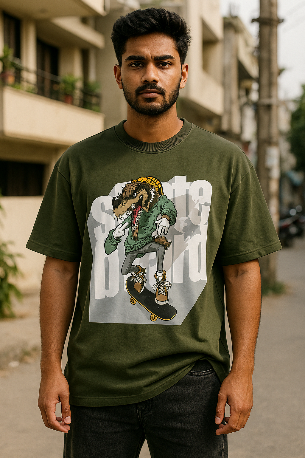 Oversized Graphic T-Shirt – Olive Green